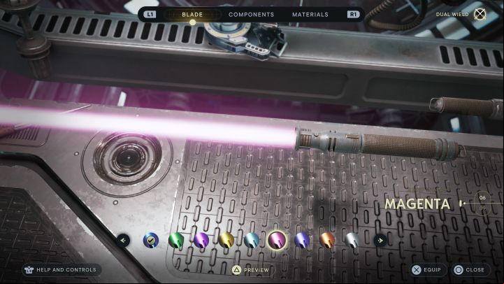 The color of the lightsaber is chosen at workbenches and on the list of available options there is no red - Star Wars Jedi Survivor: Is it possible to have a red lightsaber? - Cal and BD-1 - Star Wars Jedi Survivor guide