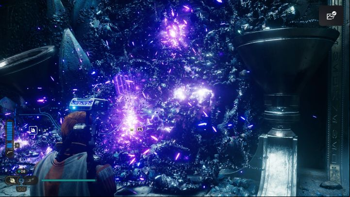 You must bring the purple flames to the top blockade shown in the picture - Jedi Survivor: The Chamber of Connection on Koboh - Puzzles - Star Wars Jedi Survivor guide