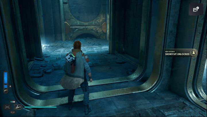 Jump and dash to the adjacent ledge and open the door here - you will unlock a shortcut that allows you to easily return to the first floor - Jedi Survivor: The Chamber of Connection on Koboh - Puzzles - Star Wars Jedi Survivor guide