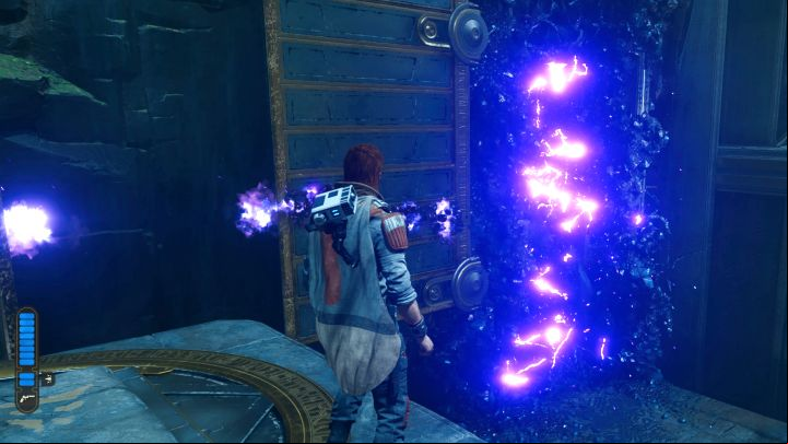 The blazing path must ultimately reach the second black barricade in the picture - Jedi Survivor: The Chamber of Connection on Koboh - Puzzles - Star Wars Jedi Survivor guide