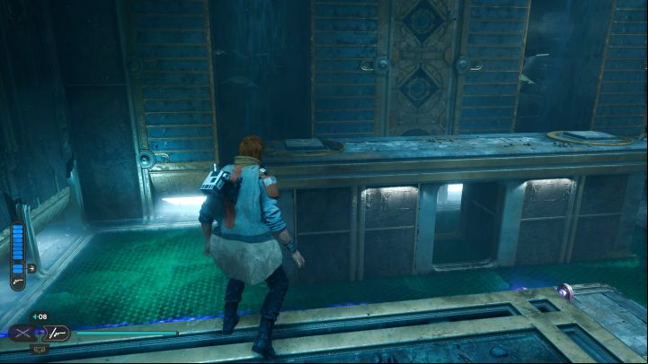 Perform a double jump followed by a jump dash towards the ledge with 2 pressure plates - Jedi Survivor: The Chamber of Connection on Koboh - Puzzles - Star Wars Jedi Survivor guide