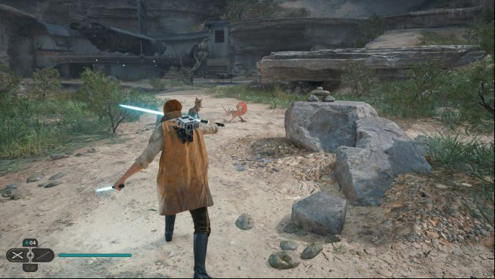 After you get close enough to the scavenger droid, throw your lightsaber at it - Star Wars Jedi Survivor: How to catch a scavenger droid? - Explore - Star Wars Jedi Survivor guide