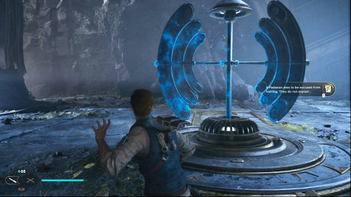 Go back to the other side of the room, use the Force to rotate the mechanism and move the laser beam to the other end of the room to burn the matter - Star Wars Jedi Survivor: Research Tanalor - Walkthorugh - Star Wars Jedi Survivor guide