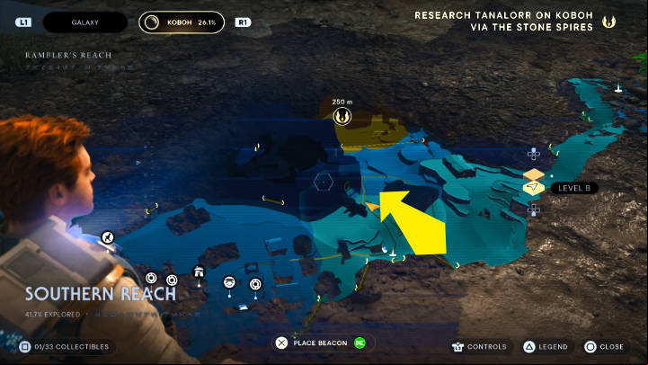 After landing on Koboh, follow the path marked in the image above - Star Wars Jedi Survivor: Research Tanalor - Walkthorugh - Star Wars Jedi Survivor guide