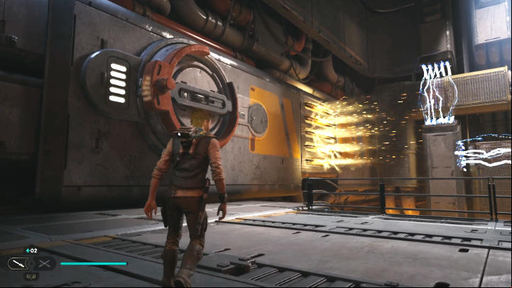 Use the Force to disable the obstacle on the wall to the left, then grab the bars and, avoiding the electricity, go as the path leads - Star Wars Jedi Survivor: Research Tanalor - Walkthorugh - Star Wars Jedi Survivor guide