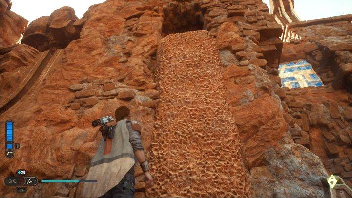On the right, you can now climb a vertical wall and reach an opening in the upper part of the ruins - Jedi Survivor: Path of Restoration (Jedha) - puzzles - Puzzles - Star Wars Jedi Survivor guide