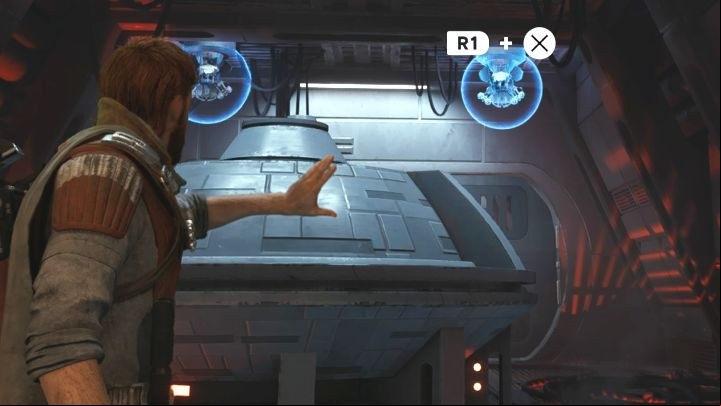 You must use Force Slam on the cannons - after approaching a cannon and facing it directly, a combination of buttons should appear on the screen (R1 + X / RB +A on gamepad) - Star Wars Jedi Survivor: How to destroy ceiling cannons? - Fight - Star Wars Jedi Survivor guide
