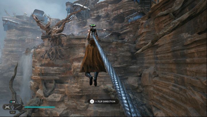 The path from the Rambler's Reach Outpost to the main part of the Foothills Falls involves the use of a rope - ride it to a higher ledge - Jedi Survivor: Reaching the Caves of PhonQi on Koboh - Puzzles - Star Wars Jedi Survivor guide