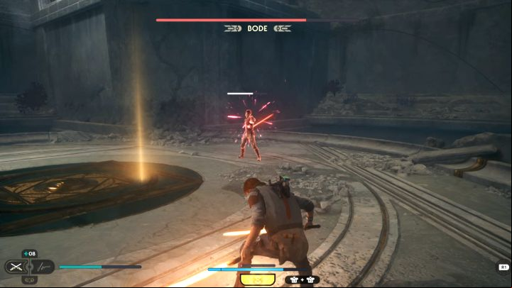 Block or deflect standard blaster shots, but watch out, as Bode sometimes fires a red shot - Jedi Survivor: How to defeat the final boss - Bode Akuna? - Bosses - Star Wars Jedi Survivor guide