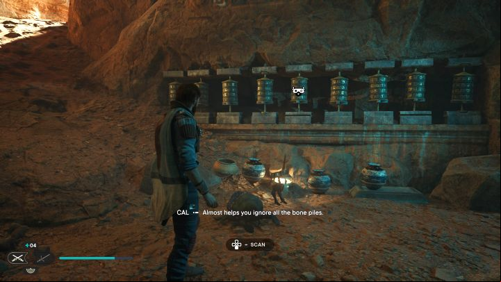 The area to be scanned is next to the main entrance to Crypt of Uhrma - Jedi Survivor: Blustery Mesa on Jedha - list of secrets - Jedha - Star Wars Jedi Survivor guide