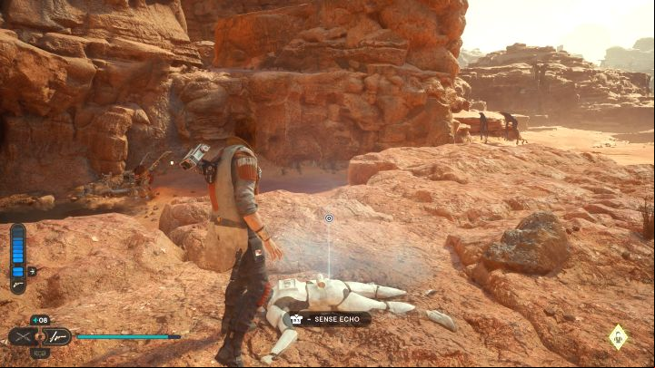 Another dead stormtrooper can be found on the rocks near the meditation point and where Skoova fishes - Jedi Survivor: Arid Flats on Jedha - list of secrets - Jedha - Star Wars Jedi Survivor guide