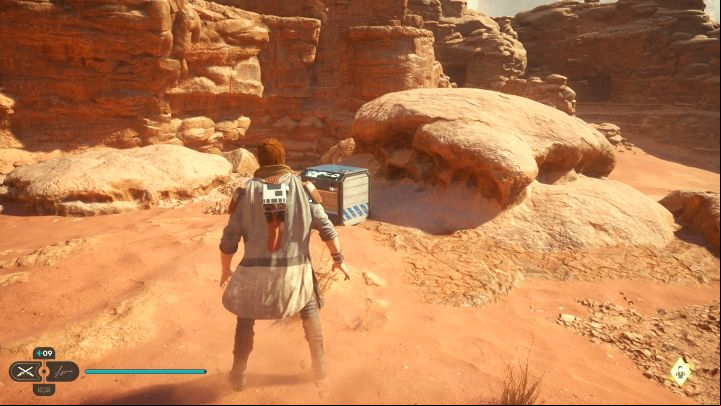 The chest is on a small hill adjacent to the monster cave where you found the previous 3 secrets - Jedi Survivor: Arid Flats on Jedha - list of secrets - Jedha - Star Wars Jedi Survivor guide