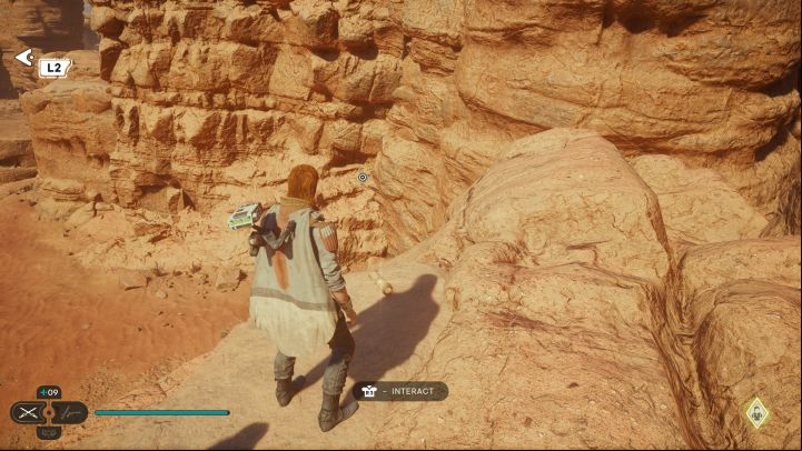 The Jedha scroll is on a high rock ledge near the meditation point and where Skoova fishes - Jedi Survivor: Arid Flats on Jedha - list of secrets - Jedha - Star Wars Jedi Survivor guide