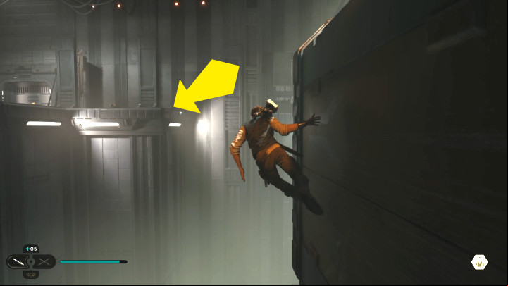 Take a run-up, jump to the moving container and run across it, then dash forward and use the grappling hook, so that you land at your destination - Star Wars Jedi Survivor: Rescue Zee from the Lucrehulk. - Walkthorugh - Star Wars Jedi Survivor guide