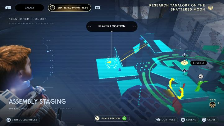 After getting the previous 2 collectibles, climb to the area with an inactive droid to scan - Jedi Survivor: Assembly Staging on Shattered Moon - list of secrets - Shattered Moon - Star Wars Jedi Survivor guide