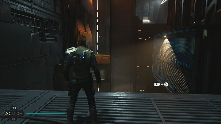 You will stand over the precipice, where you can see the wall to be moved higher - set it at the right height and then run across it - Jedi Survivor: Forward Control Tower - list of secrets - Koboh - Star Wars Jedi Survivor guide