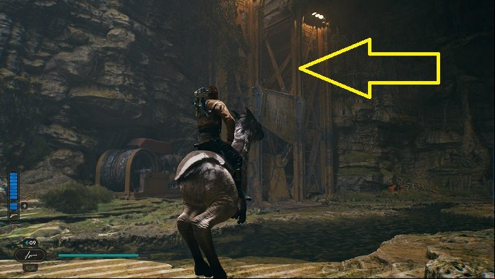 After everything is done, you will be able to jump off its back to the high shelf indicated in the image above - Jedi Survivor: Moldy Depths - list of secrets - Koboh - Star Wars Jedi Survivor guide