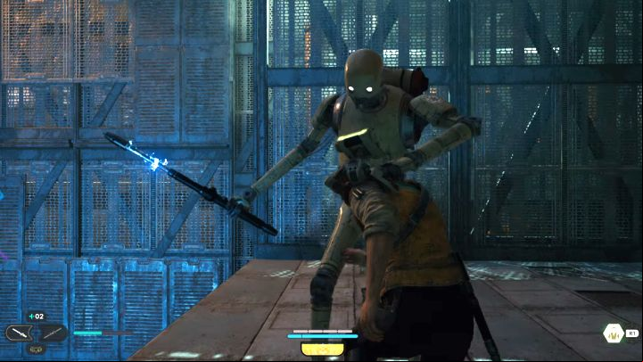 The K-405 is the first enemy in the game to have a long health bar shown at the top of the screen, but you should treat the droid more like a mini-boss and part of a tutorial - Jedi Survivor: How to defeat the K-405 boss? - Bosses - Star Wars Jedi Survivor guide