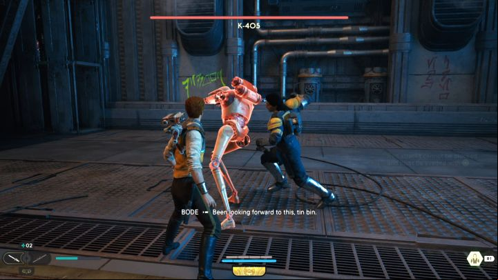 At the very beginning of the clash with the droid, the game teaches you that you can't block your opponents' red attacks - Jedi Survivor: How to defeat the K-405 boss? - Bosses - Star Wars Jedi Survivor guide