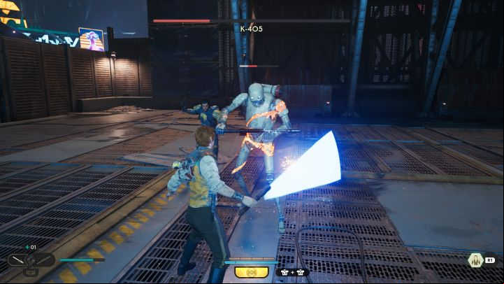 During combat, perform lightsaber attacks and use the Force - Jedi Survivor: How to defeat the K-405 boss? - Bosses - Star Wars Jedi Survivor guide