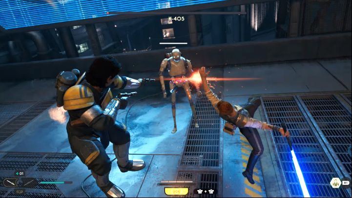 After K-405 loses almost all of its health bar, the finishing attack will automatically be activated - Cal and Bode deal with the droid together - Jedi Survivor: How to defeat the K-405 boss? - Bosses - Star Wars Jedi Survivor guide