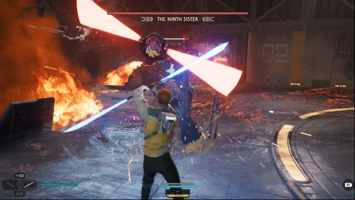 The Ninth Sister uses a double-bladed lightsaber - Jedi Survivor: How to defeat the Ninth Sister boss? - Bosses - Star Wars Jedi Survivor guide