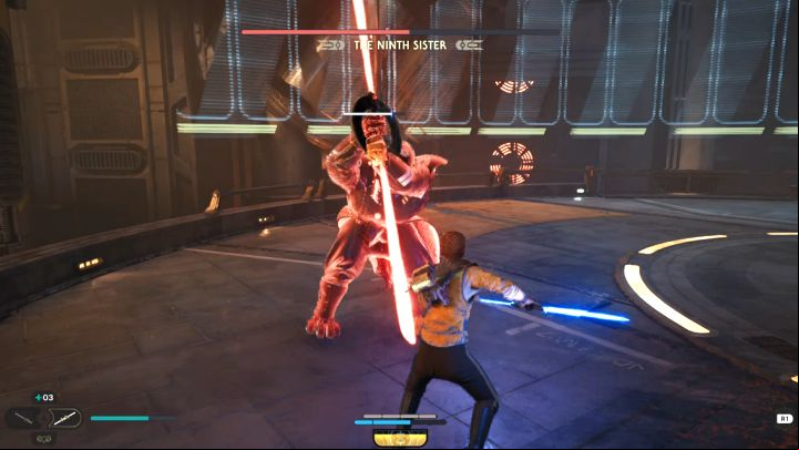 Watch out for the Ninth Sister's strong red attacks - these can include spinning attacks, strong ground slams or grabs - Jedi Survivor: How to defeat the Ninth Sister boss? - Bosses - Star Wars Jedi Survivor guide