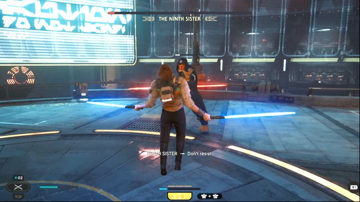 After a short cut-scene, the Ninth Sister will begin to use a grab with the Force - Jedi Survivor: How to defeat the Ninth Sister boss? - Bosses - Star Wars Jedi Survivor guide