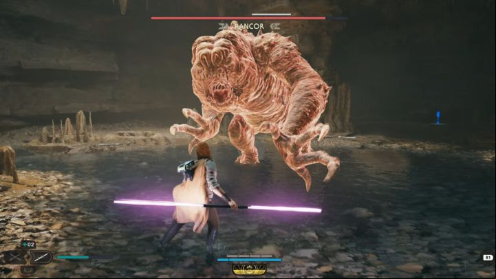 The most important thing in this battle is to flawlessly avoid the boss's red attacks - Jedi Survivor: How to defeat the Rancor boss (Sodden Grotto on Koboh)? - Bosses - Star Wars Jedi Survivor guide