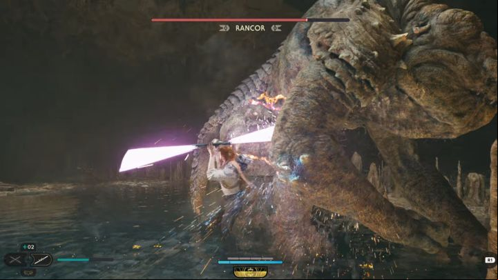 Attack with the lightsaber just after the Rancor finishes its series of attacks - Jedi Survivor: How to defeat the Rancor boss (Sodden Grotto on Koboh)? - Bosses - Star Wars Jedi Survivor guide
