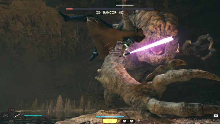 Once the boss has only a few health points left, you will do an automatic finisher and kill the monster - Jedi Survivor: How to defeat the Rancor boss (Sodden Grotto on Koboh)? - Bosses - Star Wars Jedi Survivor guide