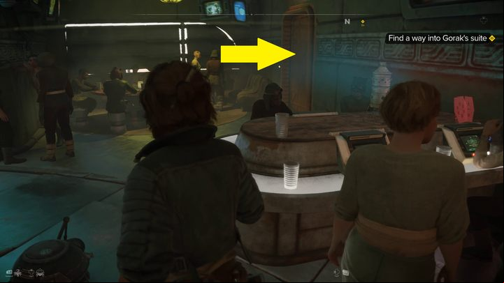 Go into the room behind the bar on the right - Star Wars Outlaws: Underworld - walkthrough - Toshara - Star Wars Outlaws Guide