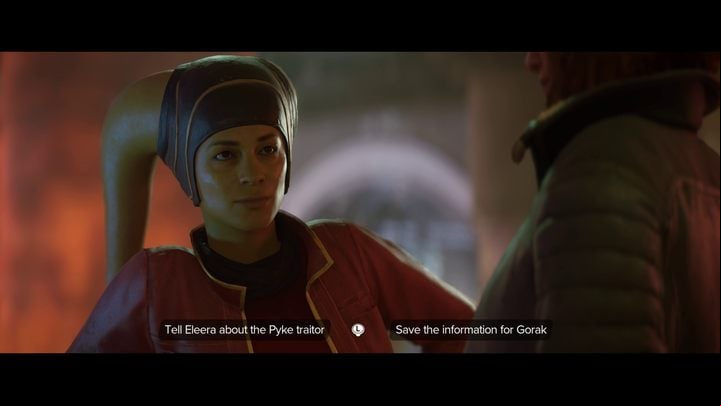 After speaking with Eleera, you can decide whether to share the stolen information about the planned betrayal with Eleera (Crimson Dawn) or keep it for Gorak - Star Wars Outlaws: Underworld - walkthrough - Toshara - Star Wars Outlaws Guide