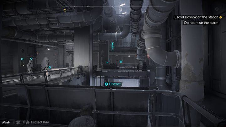 In the next sequence, your task will be to accompany Bosnok on a moving cart and open subsequent doors and barriers for him - Star Wars Outlaws: False Flag - walkthrough - Toshara - Star Wars Outlaws Guide