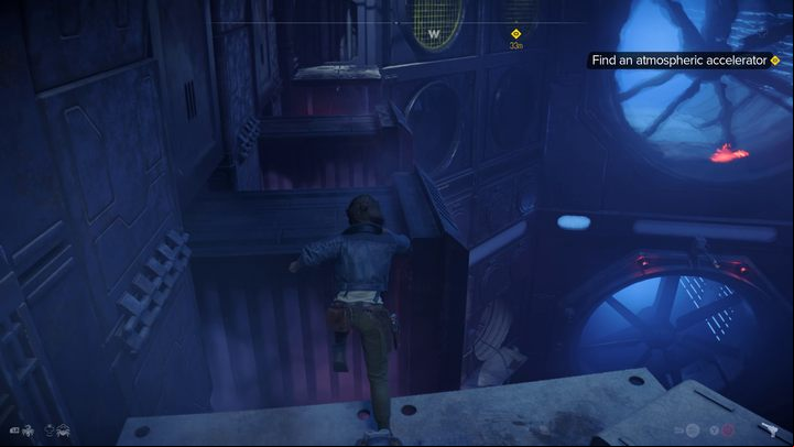 When jumping on elements protruding from the wall, try to get the timing right so as not to be surprised by the element hiding or extending - Star Wars Outlaws: The Mechanic - walkthrough - Toshara - Star Wars Outlaws Guide