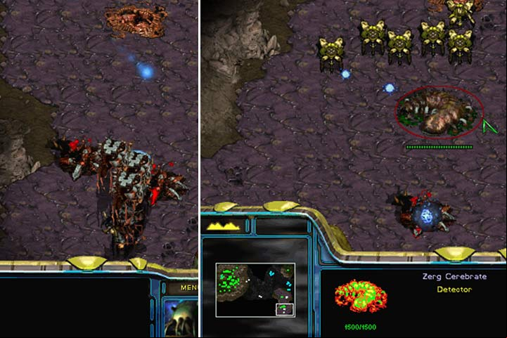 Between your two battle groups there will be numerous Sunken Colonies and hidden Zerg units (4) - Mission 2 - Into the Flames | Protoss | Campaign Walkthrough - Protoss - StarCraft: Remastered Game Guide
