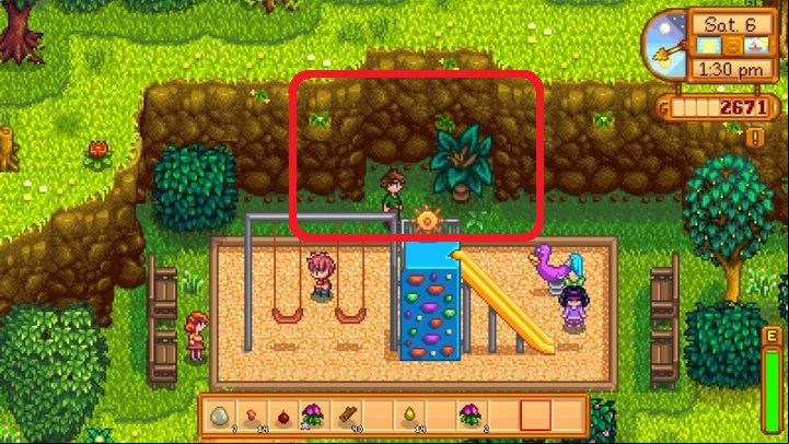 On the 28th day of each season of the year, touch the bush behind the climbing wall! - Puzzles, secrets, collectibles and missions | Quick start - Quick start - Stardew Valley Game Guide