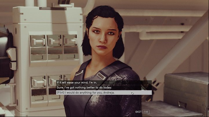 If you often spend time with Andreja and gain her favor, at some point she will talk to you about something important - Starfield: Andreja - romance - Romance - Starfield Guide