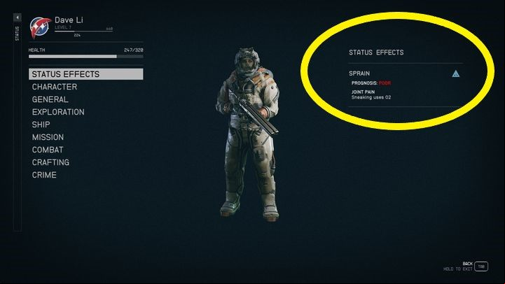 In the status menu, to the right, you'll find information about the injury you're suffering at the moment - Starfield: How to remove a negative status? - Character development and team - Starfield Guide