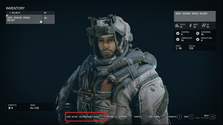 Helmet preview in Starfield. - How to turn off helmet visibility in Starfield? - Equipment - Starfield Guide