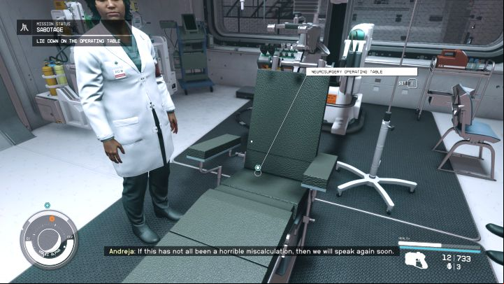 After the surgery, your hero will have all his clothing/equipped items taken off - Starfield: Sabotage - walkthrough - Faction - Ryujin Industries - Starfield Guide
