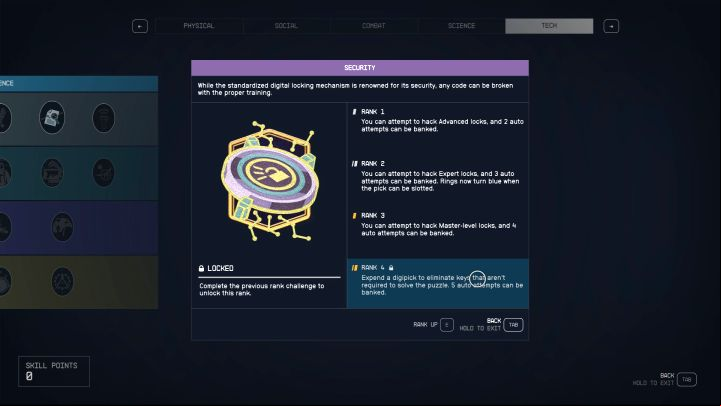 Investing development points in the Security skill allows you to pick locks of higher levels - Starfield: Lockpicking mini-game - Basics - Starfield Guide