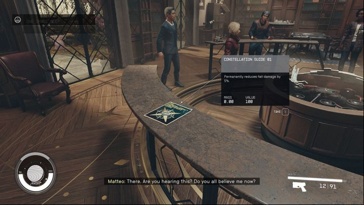 You should pick up an item while listening to your companions at the Lodge, this being the Constellation Guide 01 - Starfield: One Small Step - walkthrough - Main missions - Starfield Guide