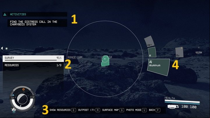 While exploring planetary surfaces, you can turn on the scanner ("F" key/"LB" on the controller) - this displays more of the interface - Starfield: HUD - Basics - Starfield Guide