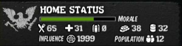 Information about the amount of resources, morale of the community, and the number of people who live in your base is in the upper left corner of the screen while on the premises - Home base and outposts - Tips - State of Decay - Game Guide and Walkthrough