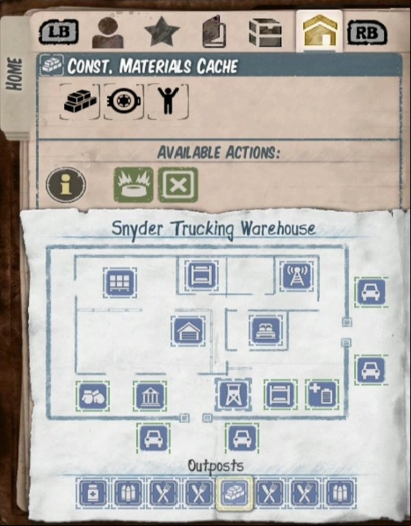 Outposts are marked on the map with green icons with a progress bar, list of all outposts is also available in journal - Getting resources and construction - Tips - State of Decay - Game Guide and Walkthrough