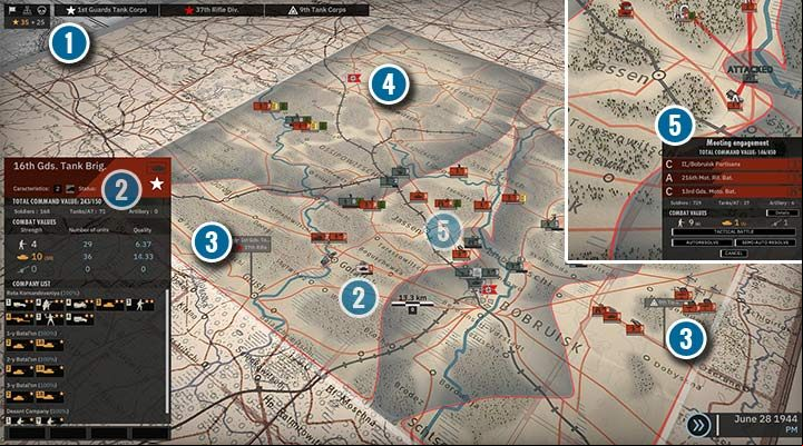 The strategy map has many important elements. In addition to battalions and squadrons, you will see a front line on the level - exactly the same as during the battle. In the upper left corner, there are requisition points and available divisions with reinforcements (1). Each battalion (2) is marked with an icon and a number of action points. There are also points on the map where reinforcements (3) will appear. Mission objectives are marked with flags (4). To start a battle, you must use 1 to 3 battalions with 2 action points (5). - Game modes in Steel Division 2 - Basics - Steel Division 2 Guide