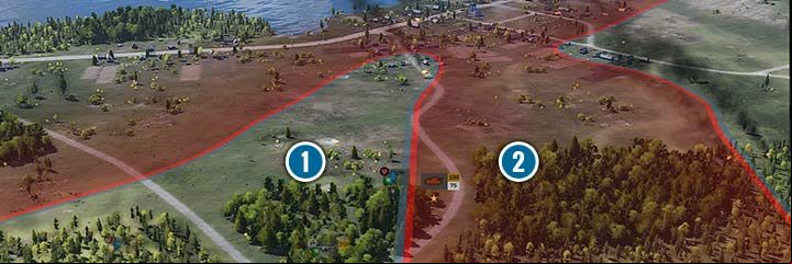 In the above situation the tank of red still cannot see the blue infantry. Therefore, the infantry can still spread the control zone on the left side, because there are no other enemies (1). Similarly the tank, it moves the front border on its side because it does not meet any resistance from the enemy (2). - Front and Strategic Points | Steel Division 2 - Basics - Steel Division 2 Guide