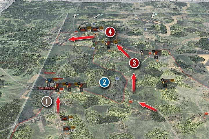 Circling the enemy is difficult to achieve, but if used properly, it will make it easier to deal with his troops. At the southern point there are still fights in progress (1) and the opponent still has troops at the next strategic point (2). However, red has byed the enemys position and placed some troops on the west side (3). The tank and infantry spy broke the enemys defense and cut off their supplies (4). Now its time to finish the enemy and take over the remaining points. - Front and Strategic Points | Steel Division 2 - Basics - Steel Division 2 Guide