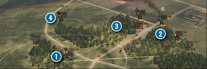 The commander provides +2 levels of experience to other units (1). The units in the eastern part of the forest (2) have 3 levels of experience (3 stars), which is not possible in the normal way! The other leaders do not take advantage of this bonus (3), but rather spread their aura. Squads outside their reach do not benefit from this bonus (4). - Experience, Leaders, and Commanders | Steel Division 2 - Units - Steel Division 2 Guide
